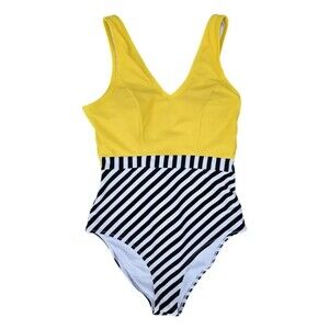 Cupshe Yellow‎ V Neck Striped Bottom One Piece Swimsuit Bathing Suit Size Med